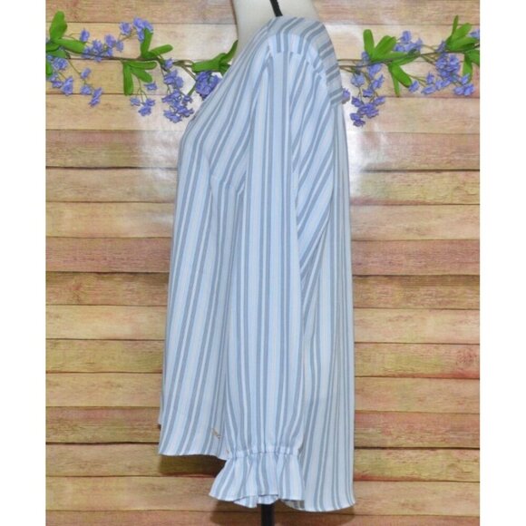 Tahari Ladies Blue Striped Button Front V-Neck Blouse XL Long Bell Sleeves Tunic - Picture 6 of 12